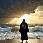 **

"A person standing strong against a stormy sea, representing life's challenges, with rays of sunlight breaking through the clouds to symbolize hope and inner strength. The background includes subtle Arabic calligraphy patterns."

**