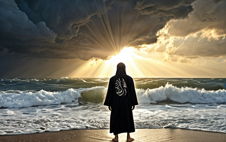**

"A person standing strong against a stormy sea, representing life's challenges, with rays of sunlight breaking through the clouds to symbolize hope and inner strength. The background includes subtle Arabic calligraphy patterns."

**
