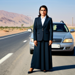 Businesswoman Overcoming a Roadblock**

A professional, fully clothed Arab businesswoman in a modest, modern business suit stands confidently next to a broken-down car on a desert road. She's looking determined, with a city skyline visible in the distant background. The scene should evoke resilience and problem-solving. Safe for work, appropriate content, perfect anatomy, correct proportions, natural pose, professional photography, high quality, family-friendly.

**