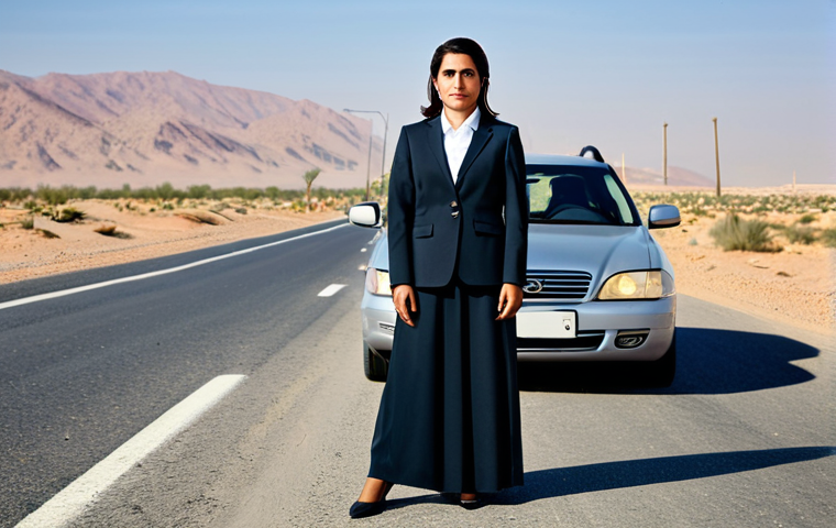Businesswoman Overcoming a Roadblock**

A professional, fully clothed Arab businesswoman in a modest, modern business suit stands confidently next to a broken-down car on a desert road. She's looking determined, with a city skyline visible in the distant background. The scene should evoke resilience and problem-solving. Safe for work, appropriate content, perfect anatomy, correct proportions, natural pose, professional photography, high quality, family-friendly.

**