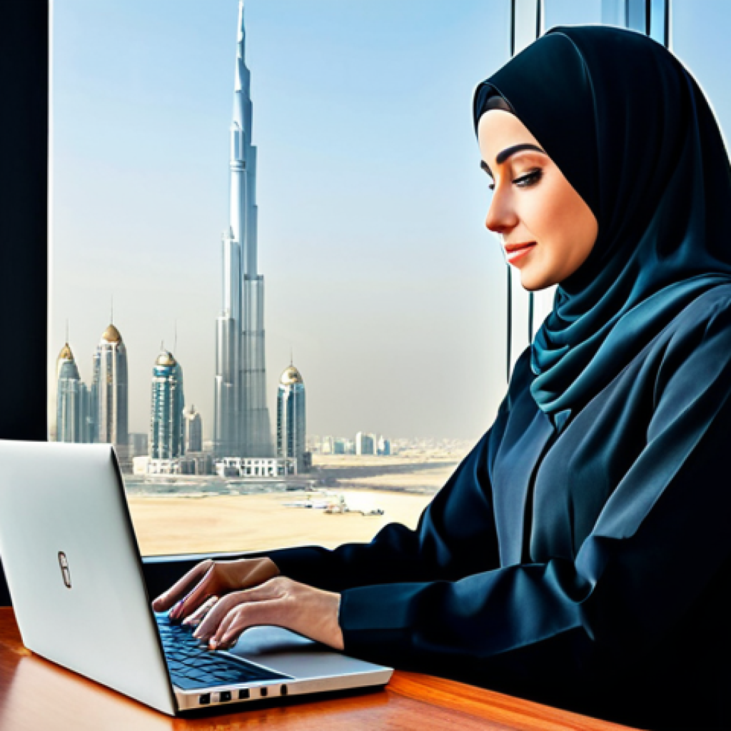 **A professional businesswoman in a modest, elegant abaya, working on a laptop in a modern office overlooking the Dubai skyline, fully clothed, appropriate attire, safe for work, perfect anatomy, natural proportions, professional digital art, high quality.**