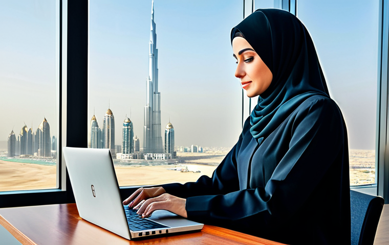 **A professional businesswoman in a modest, elegant abaya, working on a laptop in a modern office overlooking the Dubai skyline, fully clothed, appropriate attire, safe for work, perfect anatomy, natural proportions, professional digital art, high quality.**