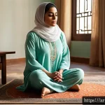 좌절 내성 강화 훈련을 위한 워크숍 - A serene indoor scene depicting an Arab woman practicing deep breathing exercises for stress relief,...