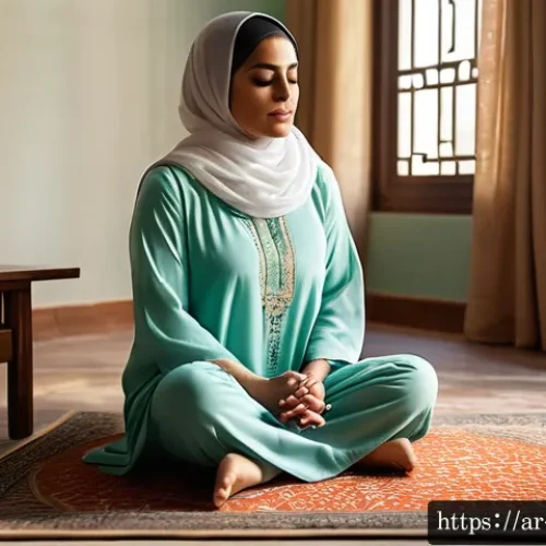 좌절 내성 강화 훈련을 위한 워크숍 - A serene indoor scene depicting an Arab woman practicing deep breathing exercises for stress relief,...