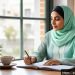 좌절 극복을 위한 실천적 접근 - A professional Middle Eastern woman sitting at a modern desk in a cozy home office, organizing her g...