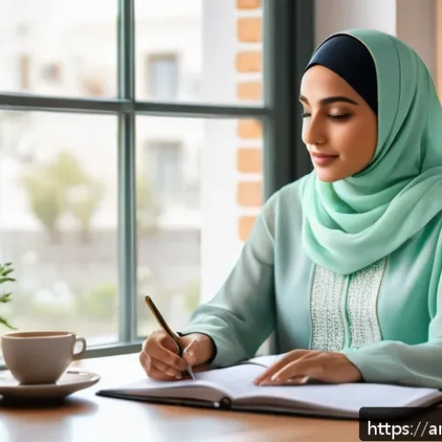 좌절 극복을 위한 실천적 접근 - A professional Middle Eastern woman sitting at a modern desk in a cozy home office, organizing her g...
