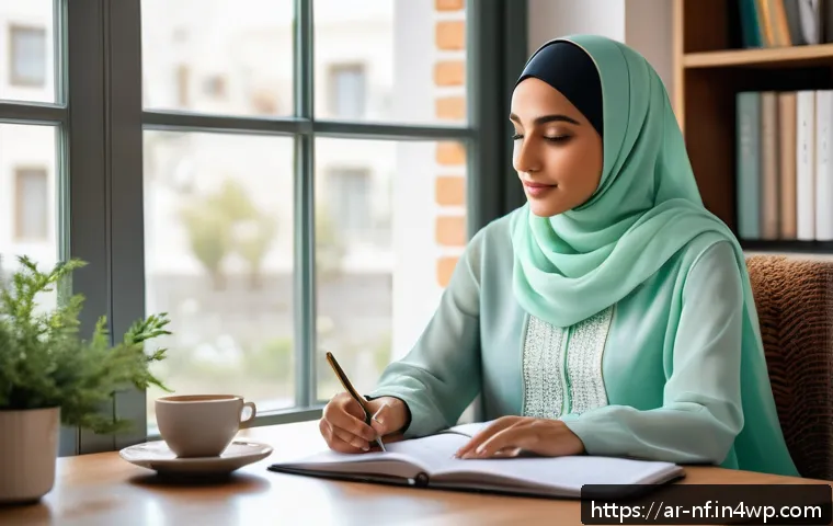 좌절 극복을 위한 실천적 접근 - A professional Middle Eastern woman sitting at a modern desk in a cozy home office, organizing her g...
