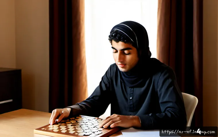 Home 16 좌절 내성을 높이는 트레이닝 기법 - Photorealistic Arab young adult practicing frustration tolerance at a tidy home desk, calmly pausing...